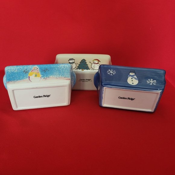 Mini Bread Loaf Pan Ceramic Stoneware Christmas Winter Snowman Snowflakes Set of - Picture 11 of 12